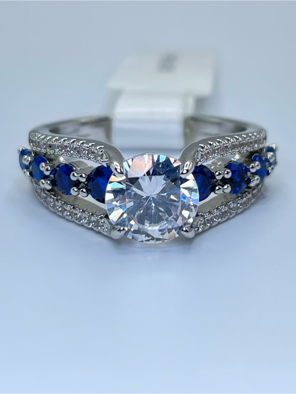 Swarovski Crystal Elements White & Sapphire Blue Crystal Engagement Ring Sz 10